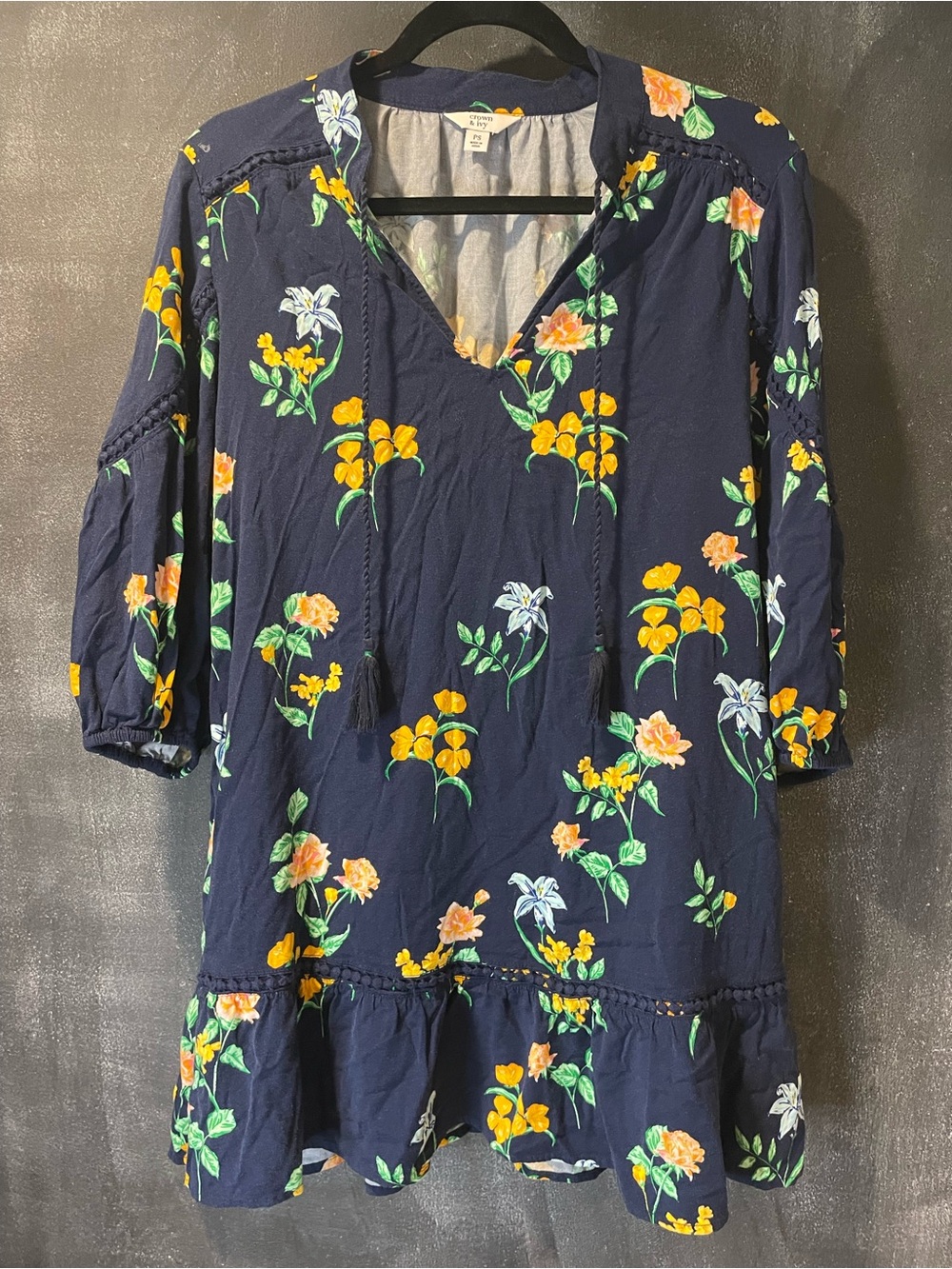 Crown & Ivy Navy Floral Boho Peasant Mini Dress Tassel 3/4 Sleeve Petite PS